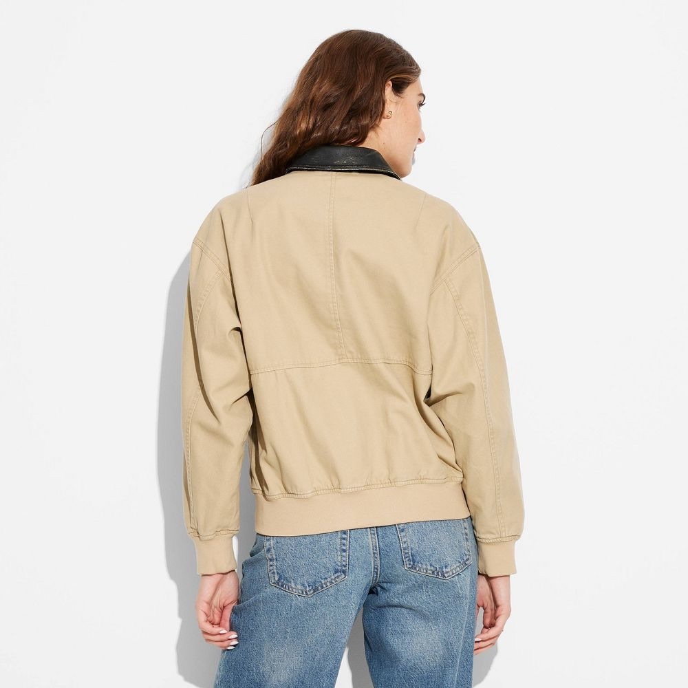 wild fable Tan bomber Jacket with Dark Brown faux leather Trim - Picture 3 of 7